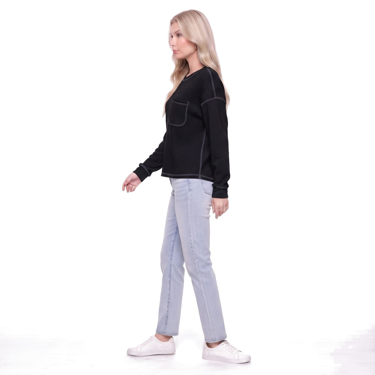 Waffle Knit Crew Neck Pocket Top with Exposed Seams