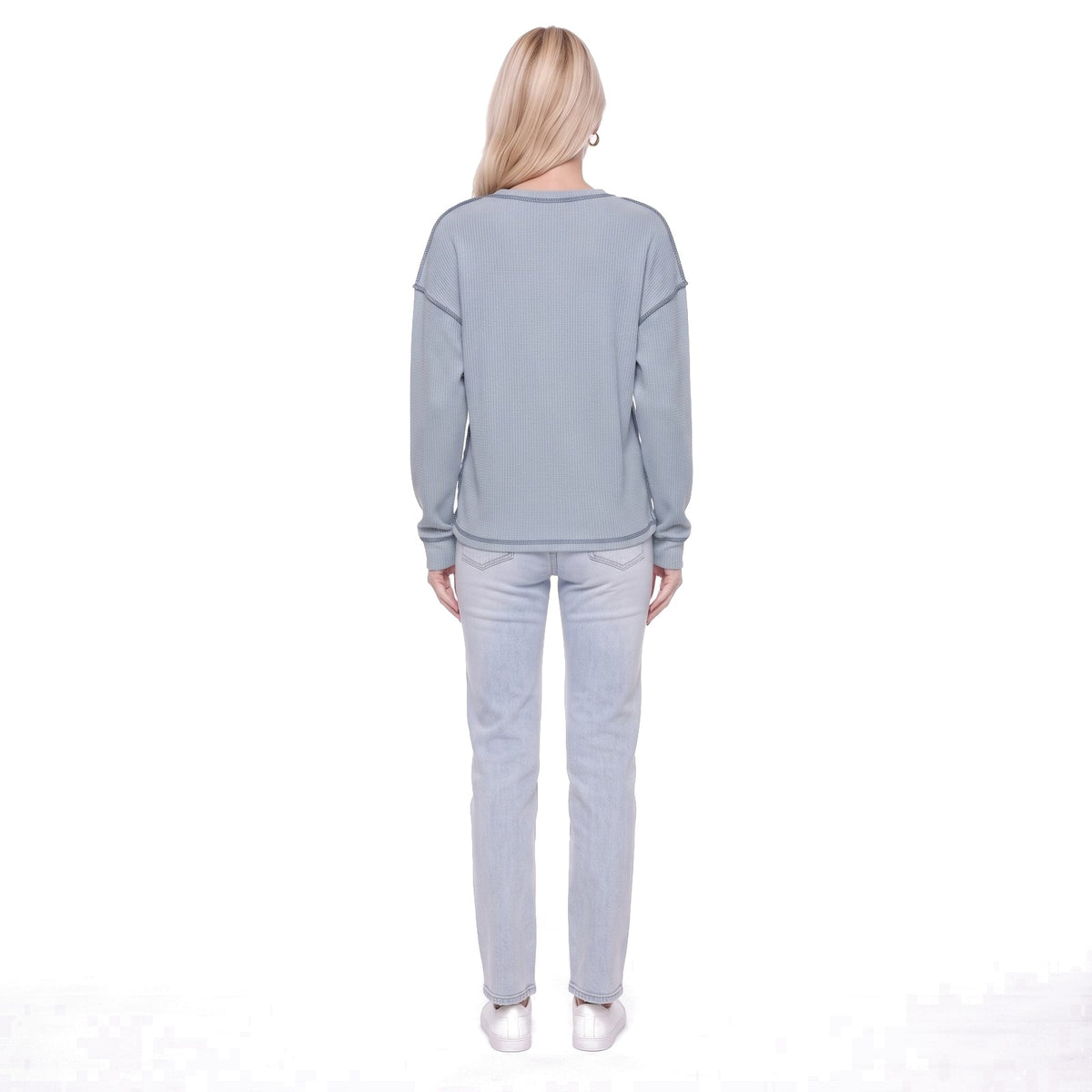 Waffle Knit Crew Neck Pocket Top with Exposed Seams