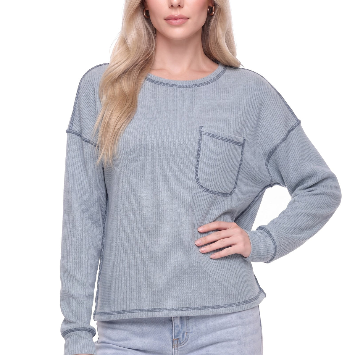 Waffle Knit Crew Neck Pocket Top with Exposed Seams
