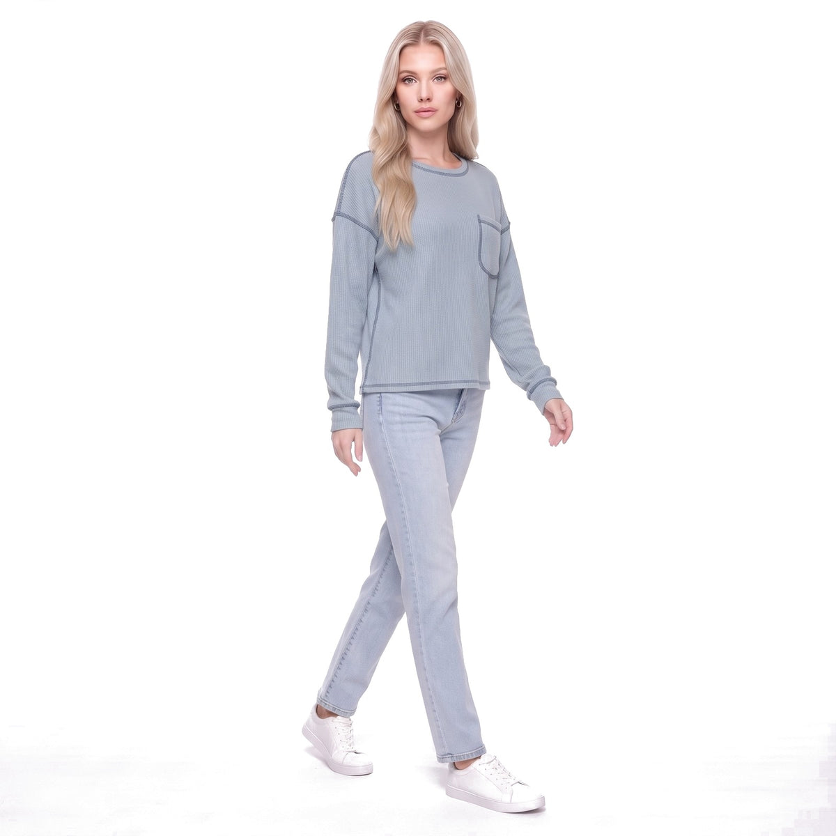 Waffle Knit Crew Neck Pocket Top with Exposed Seams