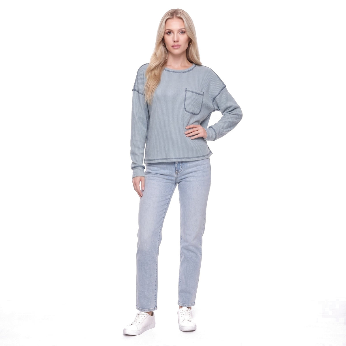 Waffle Knit Crew Neck Pocket Top with Exposed Seams