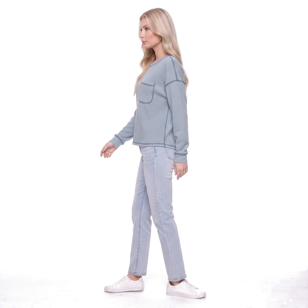 Waffle Knit Crew Neck Pocket Top with Exposed Seams