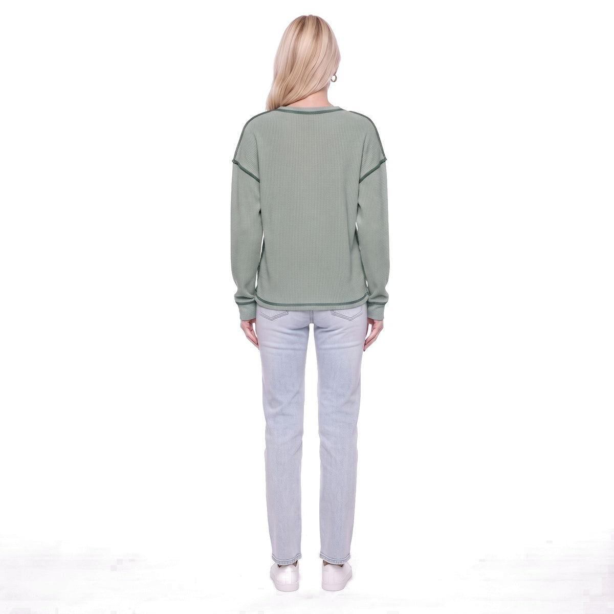 Waffle Knit Crew Neck Pocket Top with Exposed Seams