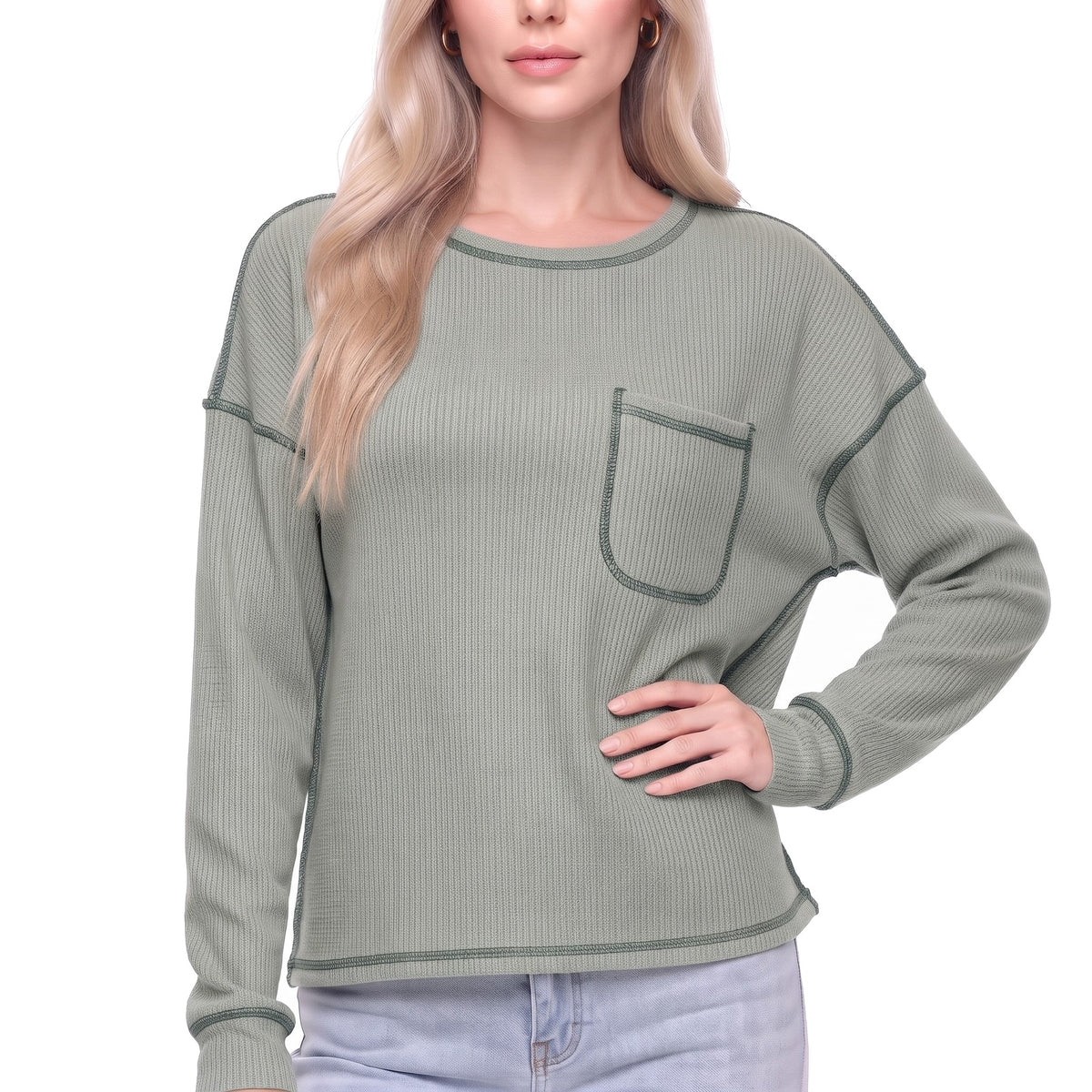 Waffle Knit Crew Neck Pocket Top with Exposed Seams