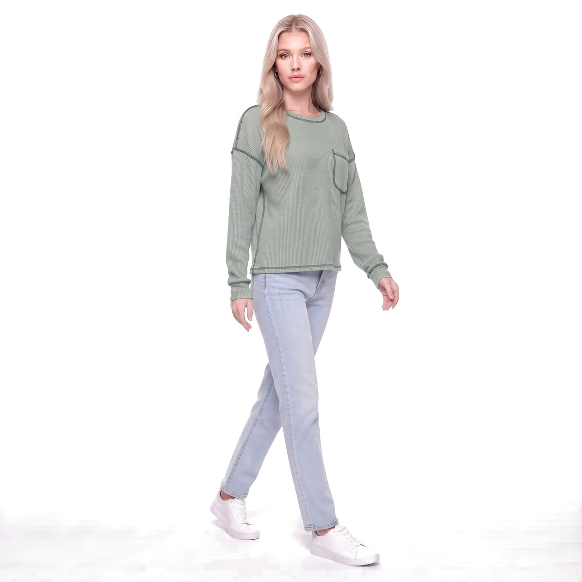 Waffle Knit Crew Neck Pocket Top with Exposed Seams