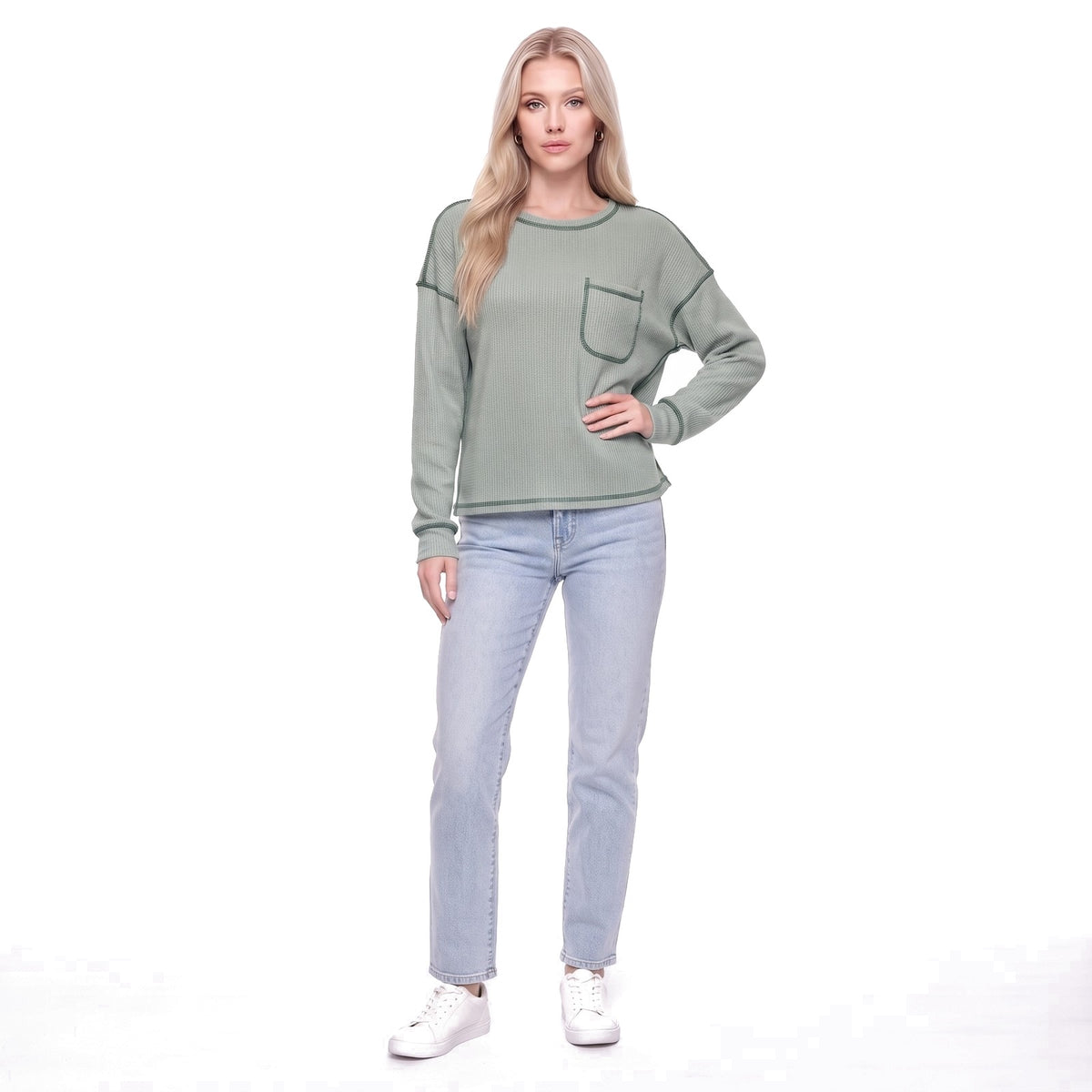 Waffle Knit Crew Neck Pocket Top with Exposed Seams