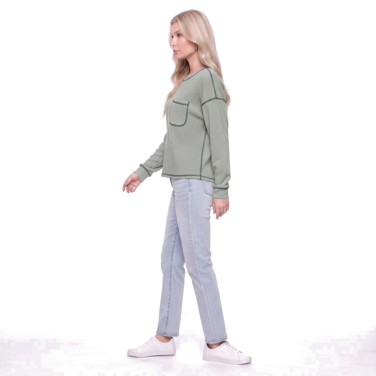 Waffle Knit Crew Neck Pocket Top with Exposed Seams