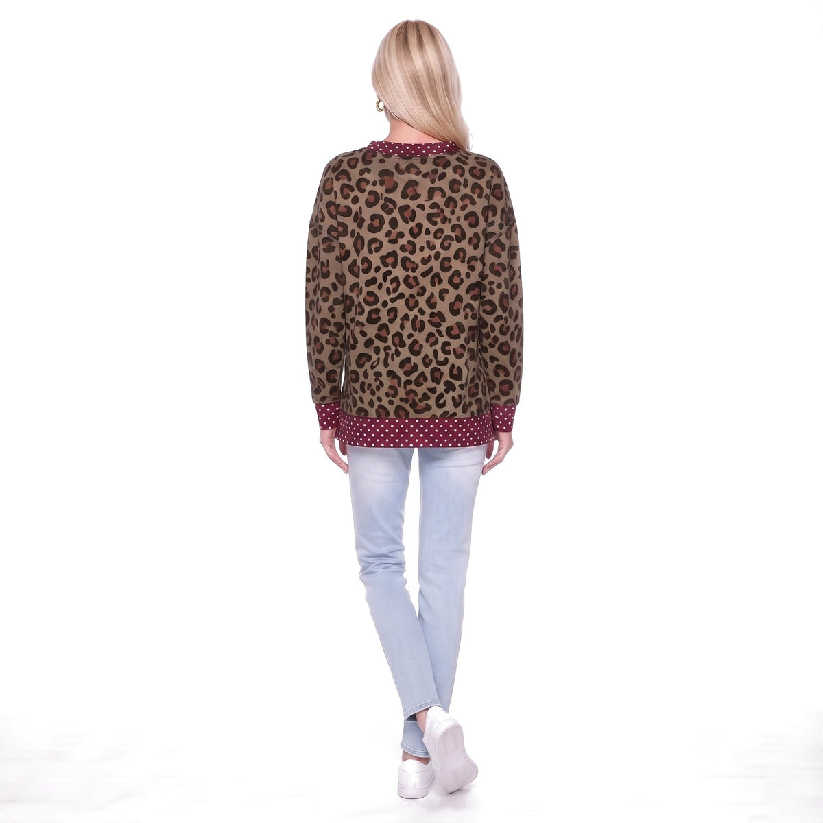 Leopard Print Polka Dot Trim Crew Neck Sweatshirt