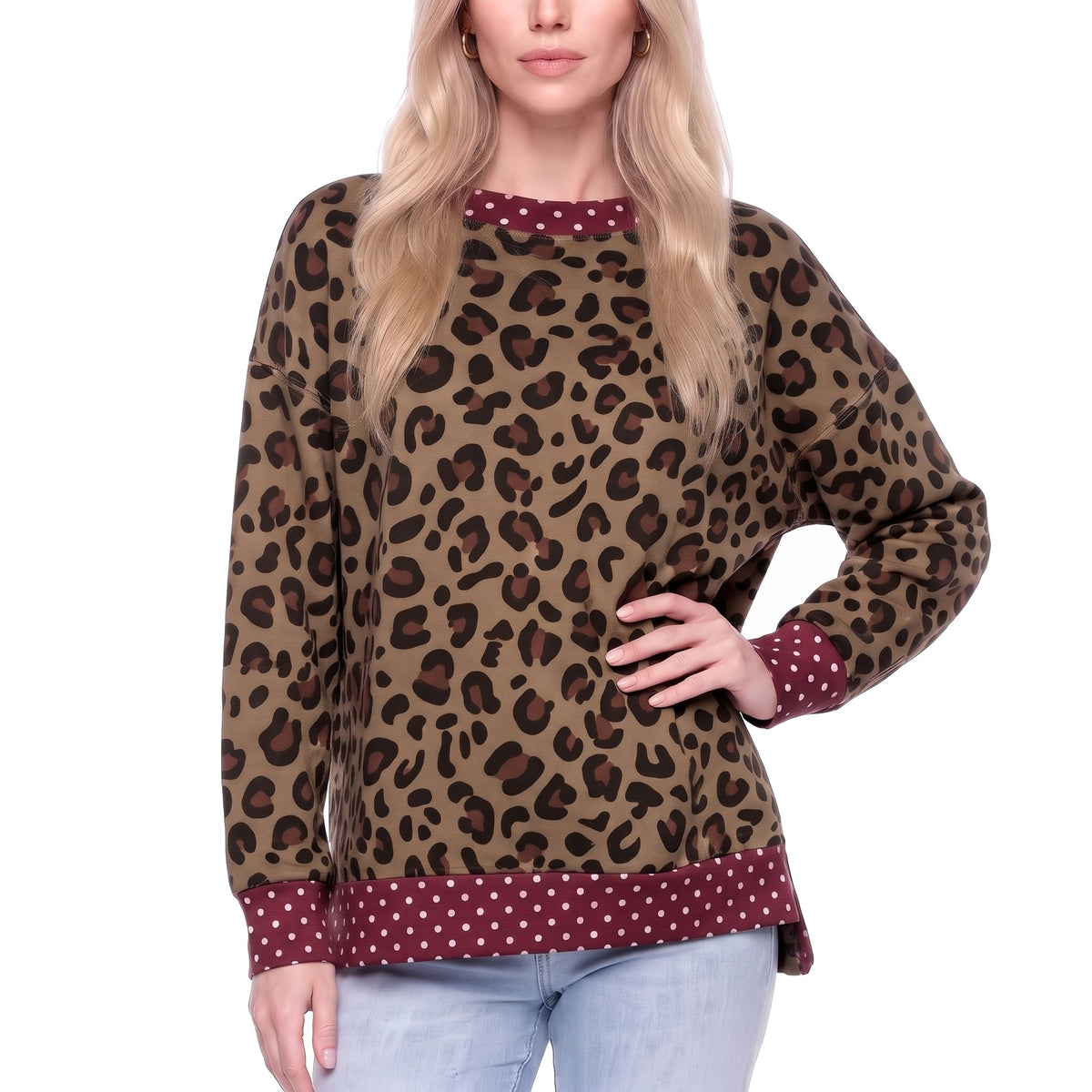 Leopard Print Polka Dot Trim Crew Neck Sweatshirt