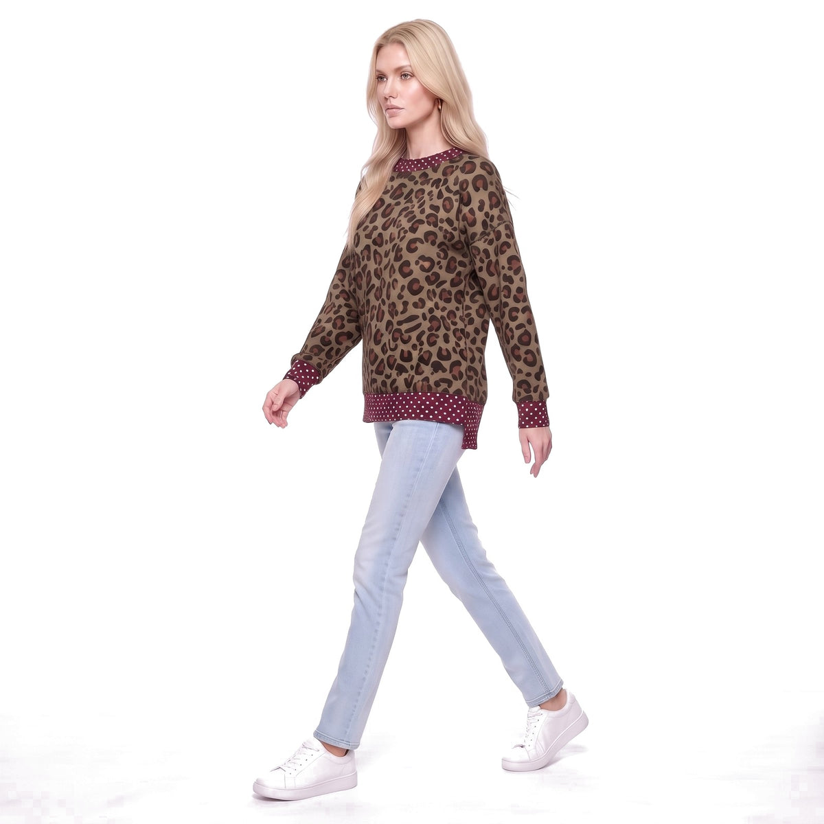 Leopard Print Polka Dot Trim Crew Neck Sweatshirt
