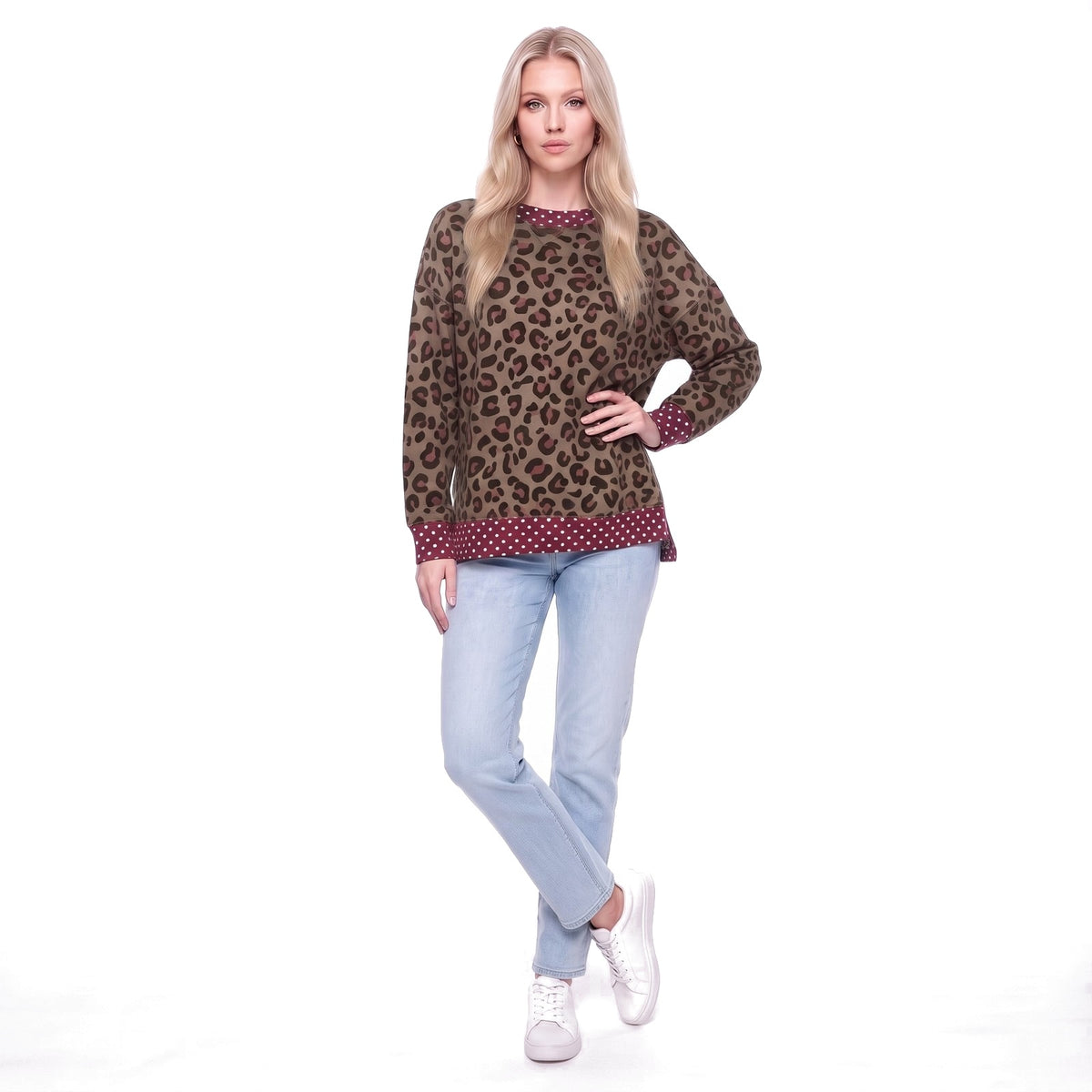 Leopard Print Polka Dot Trim Crew Neck Sweatshirt