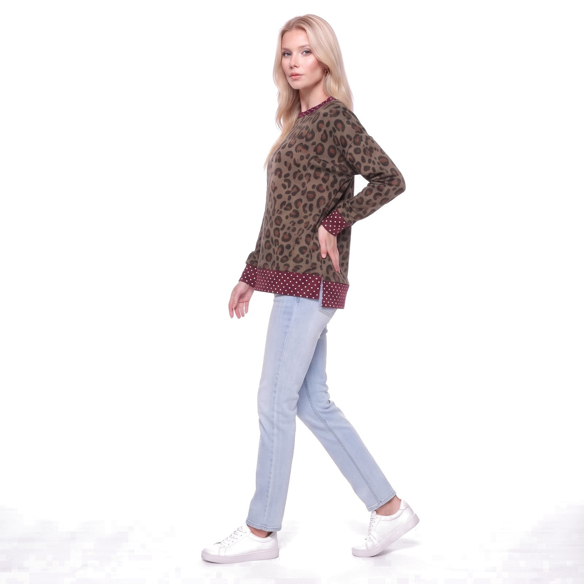 Leopard Print Polka Dot Trim Crew Neck Sweatshirt