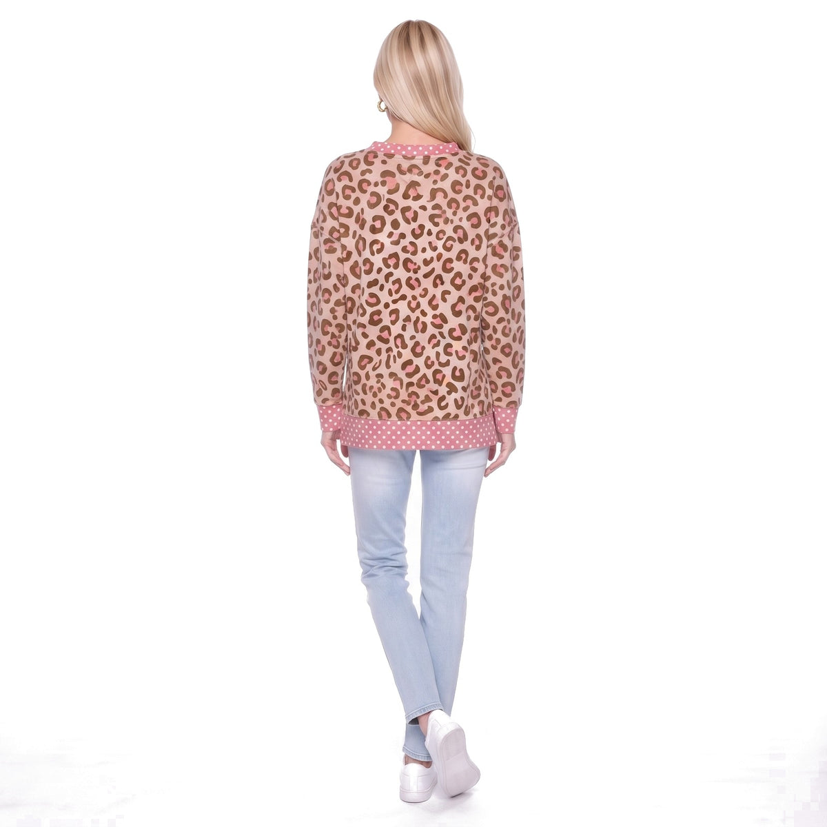 Leopard Print Polka Dot Trim Crew Neck Sweatshirt