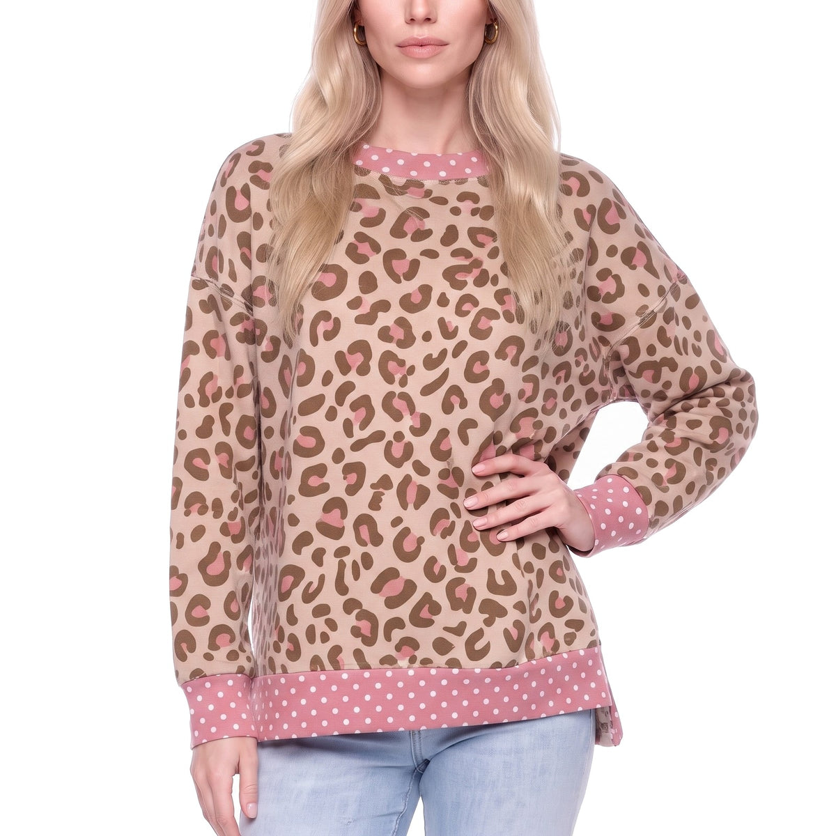 Leopard Print Polka Dot Trim Crew Neck Sweatshirt