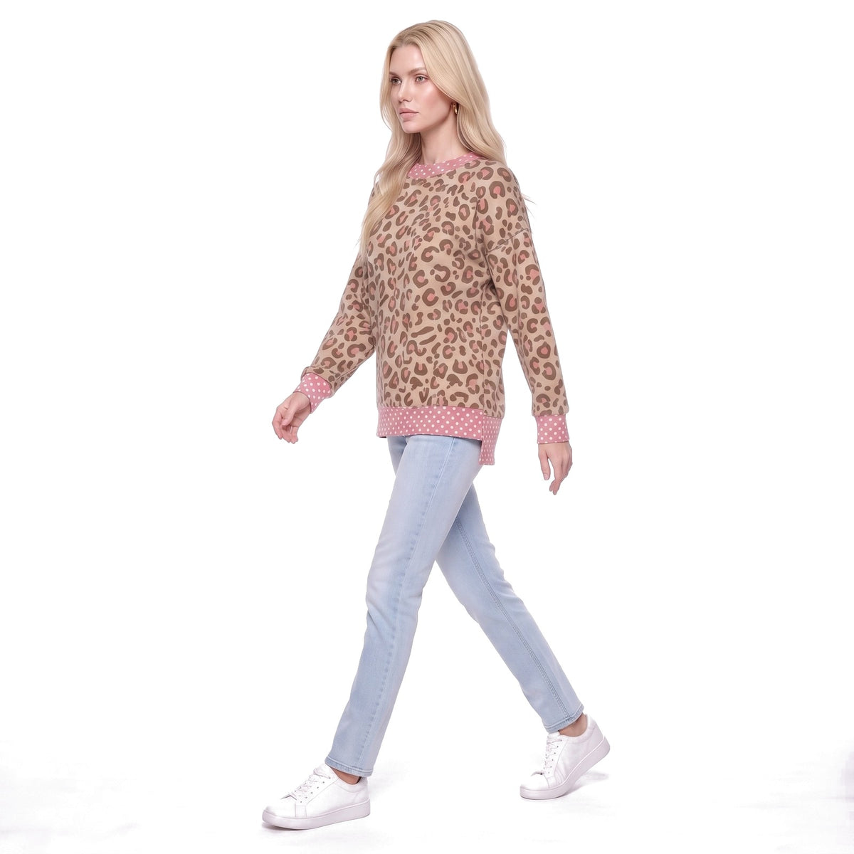 Leopard Print Polka Dot Trim Crew Neck Sweatshirt