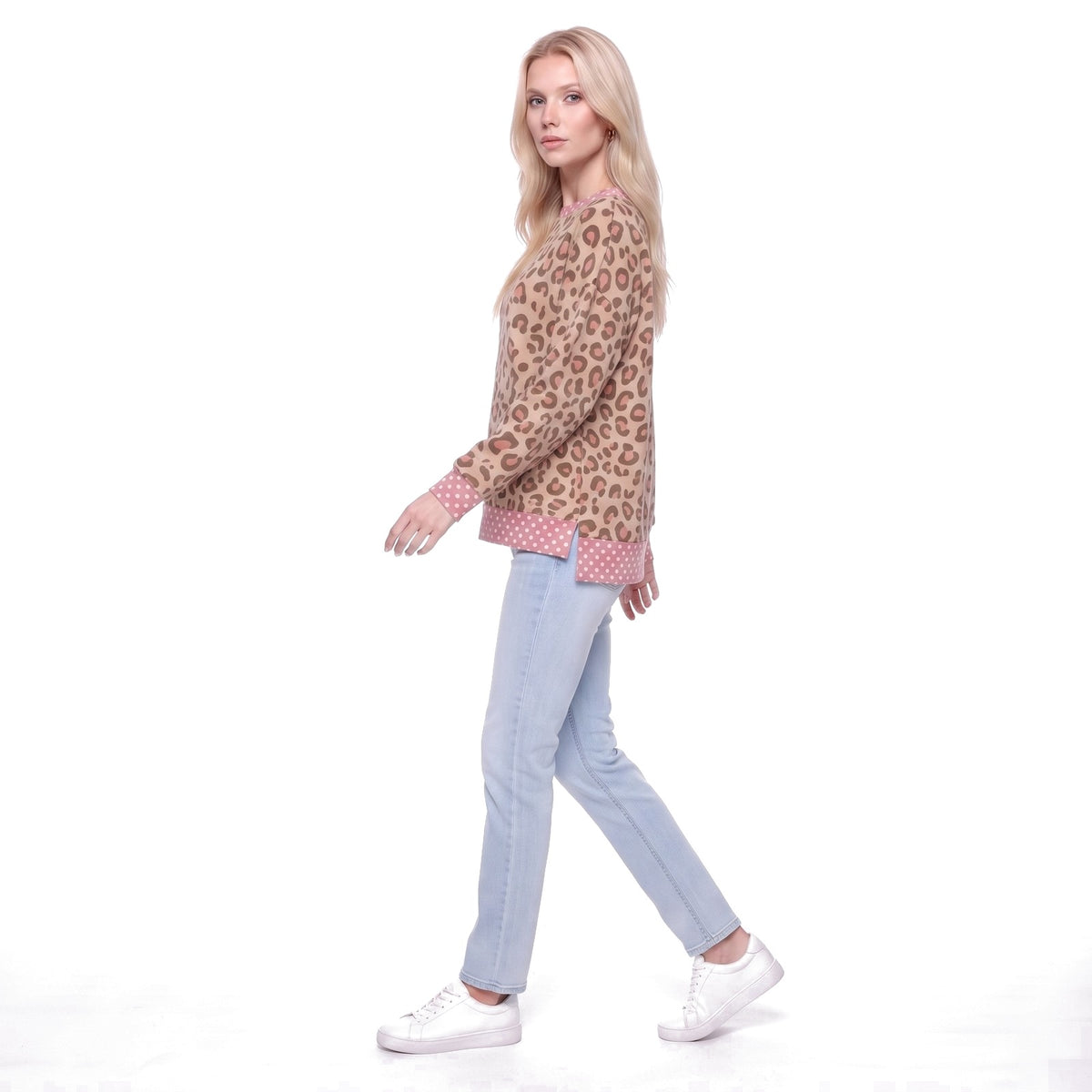 Leopard Print Polka Dot Trim Crew Neck Sweatshirt