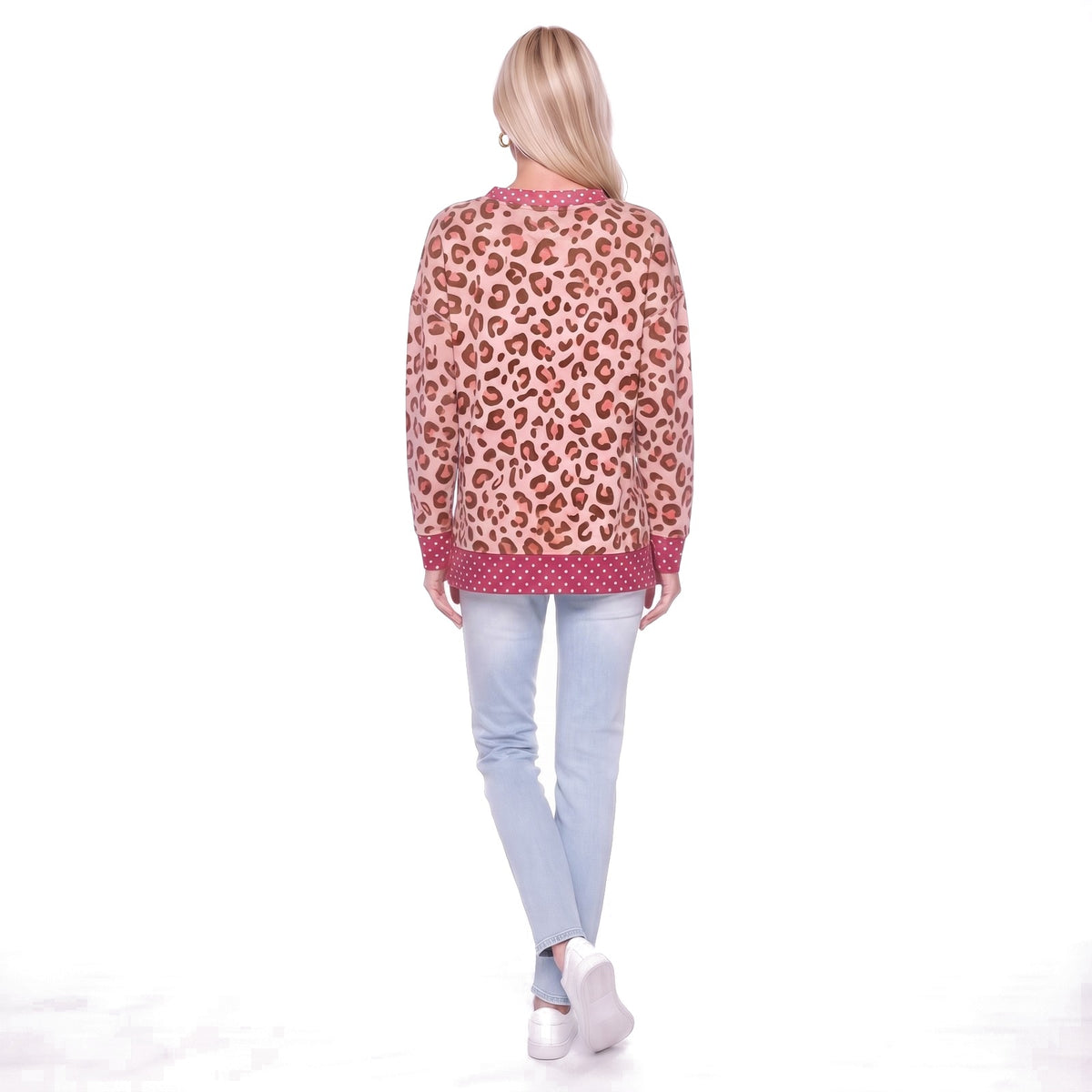 Leopard Print Polka Dot Trim Crew Neck Sweatshirt
