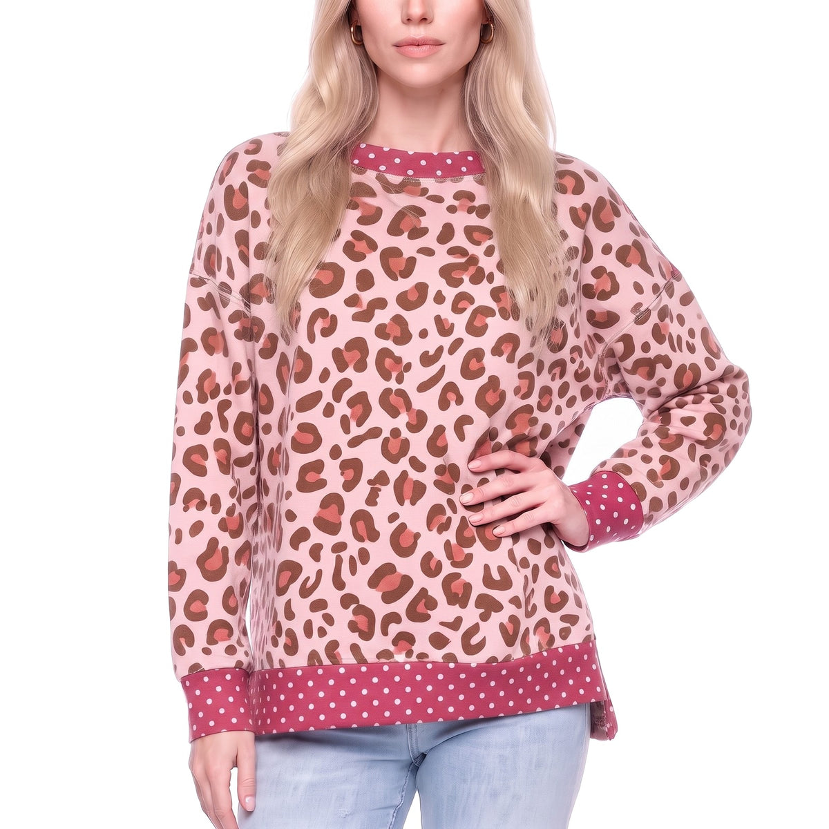 Leopard Print Polka Dot Trim Crew Neck Sweatshirt
