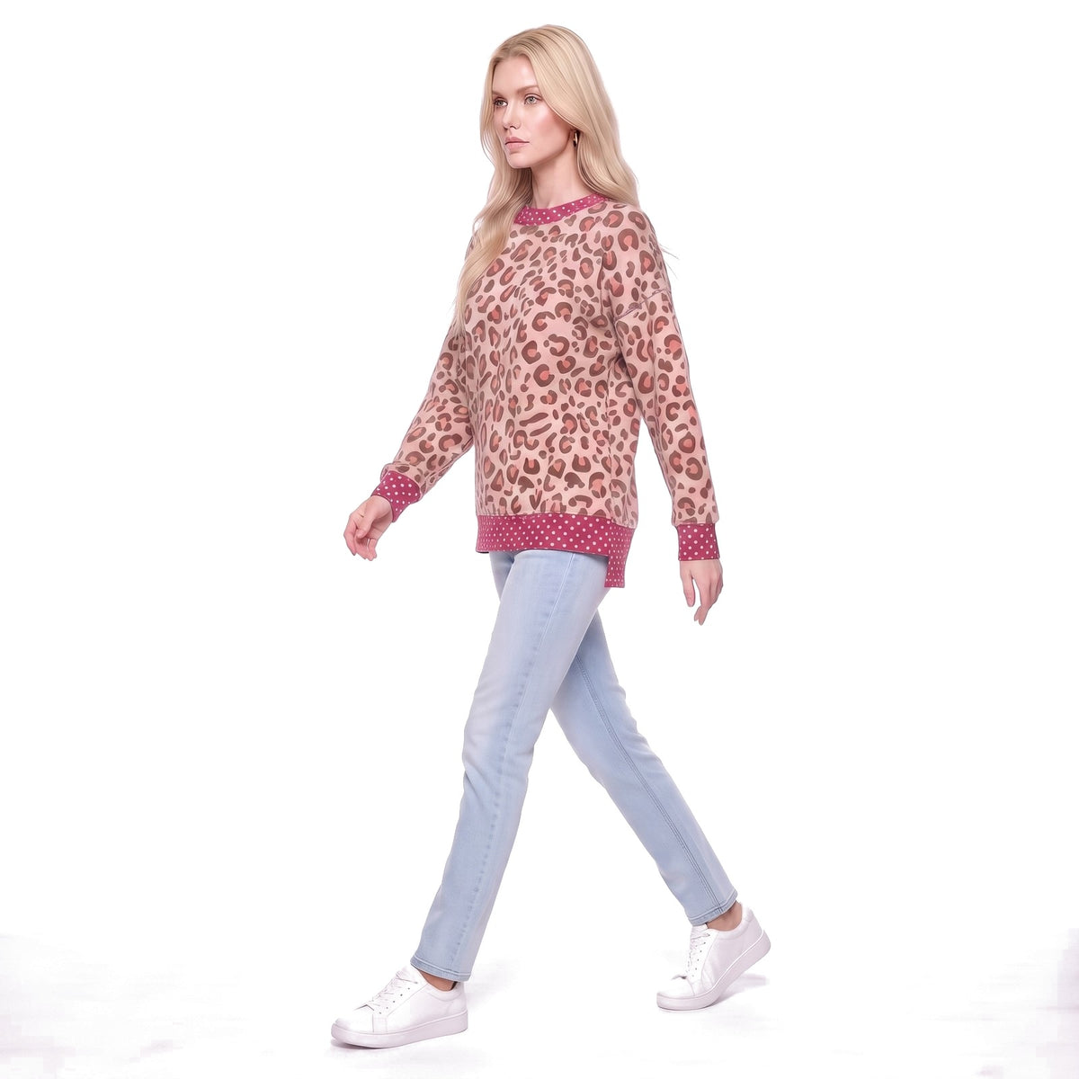 Leopard Print Polka Dot Trim Crew Neck Sweatshirt