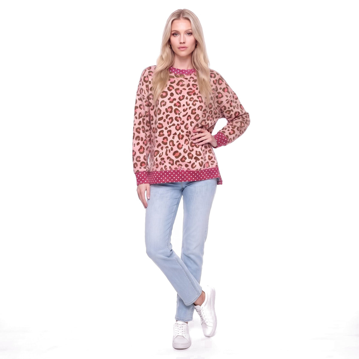 Leopard Print Polka Dot Trim Crew Neck Sweatshirt