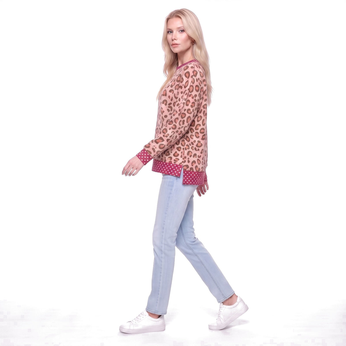 Leopard Print Polka Dot Trim Crew Neck Sweatshirt