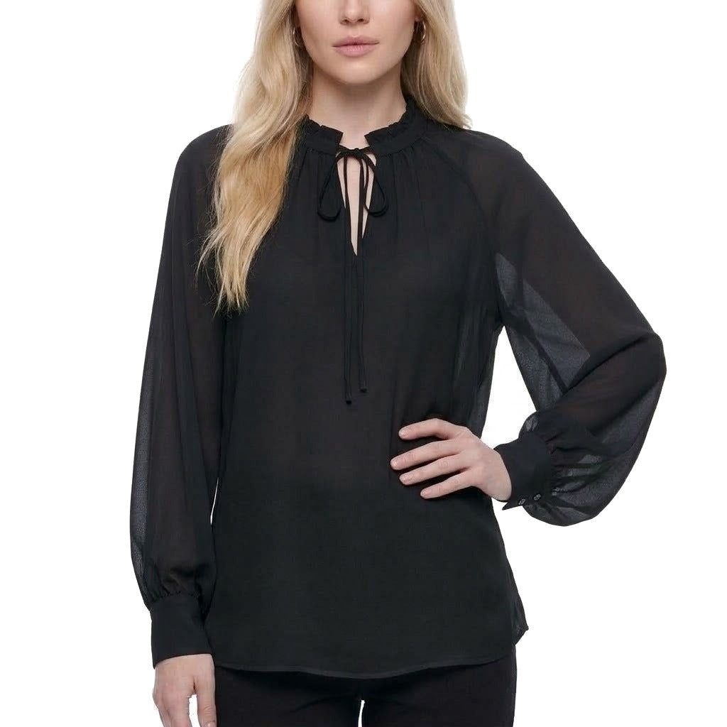 Tie Neck Lantern Sleeve Chiffon Blouse