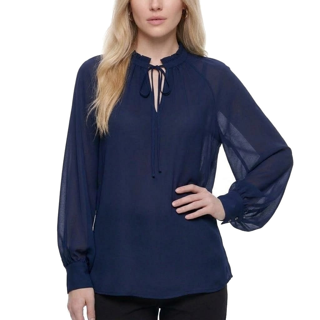 Tie Neck Lantern Sleeve Chiffon Blouse