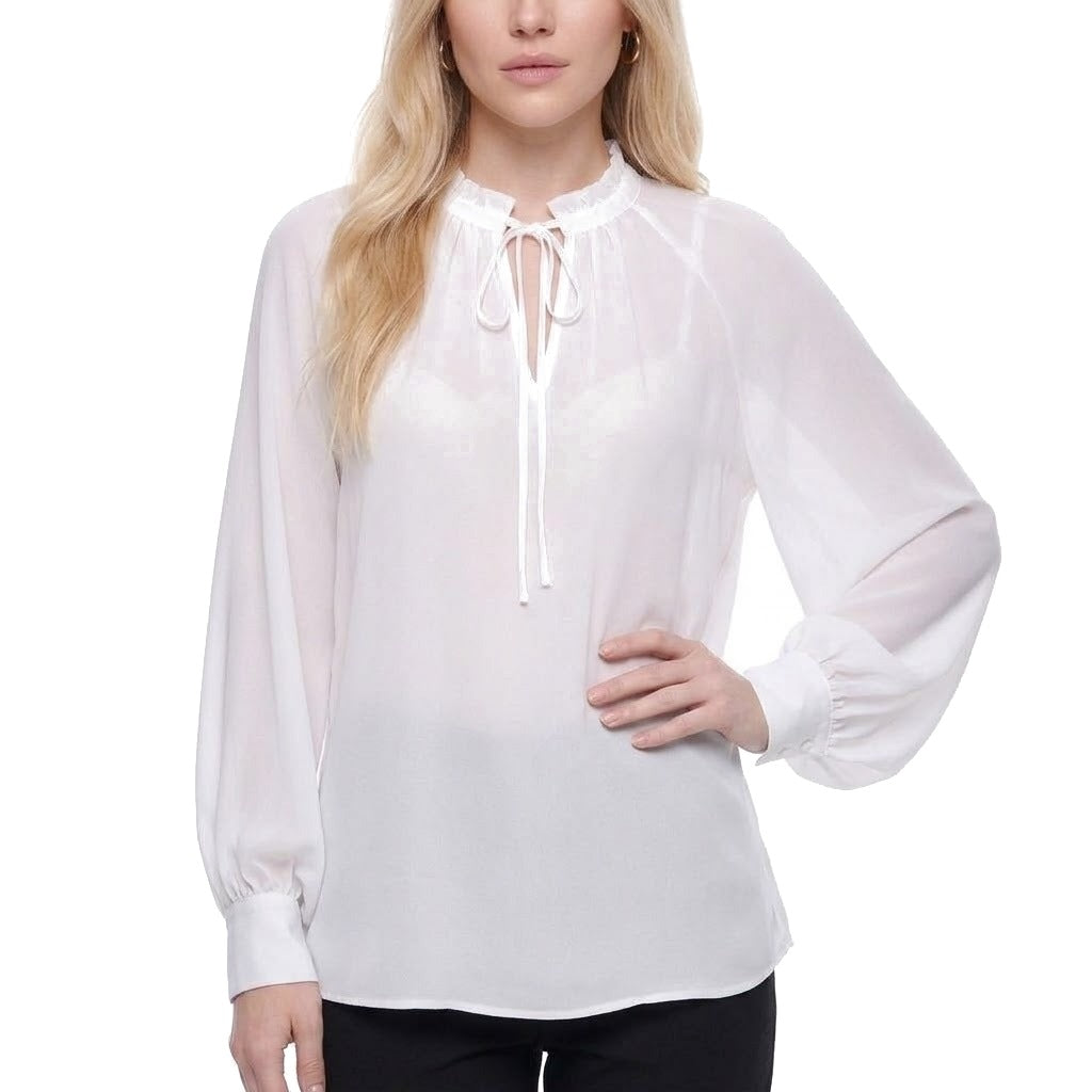 Tie Neck Lantern Sleeve Chiffon Blouse
