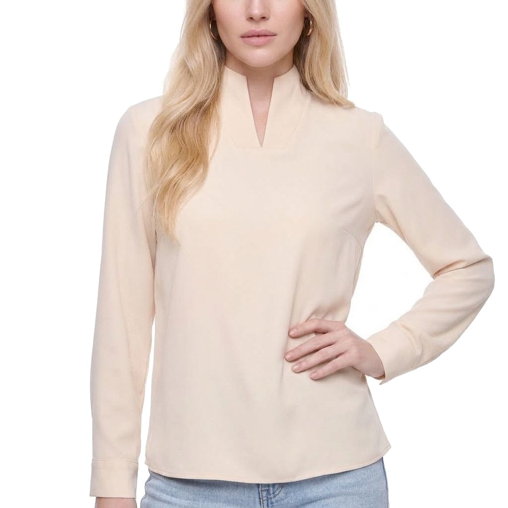 Stand Collar Split Neck Long Sleeve Blouse