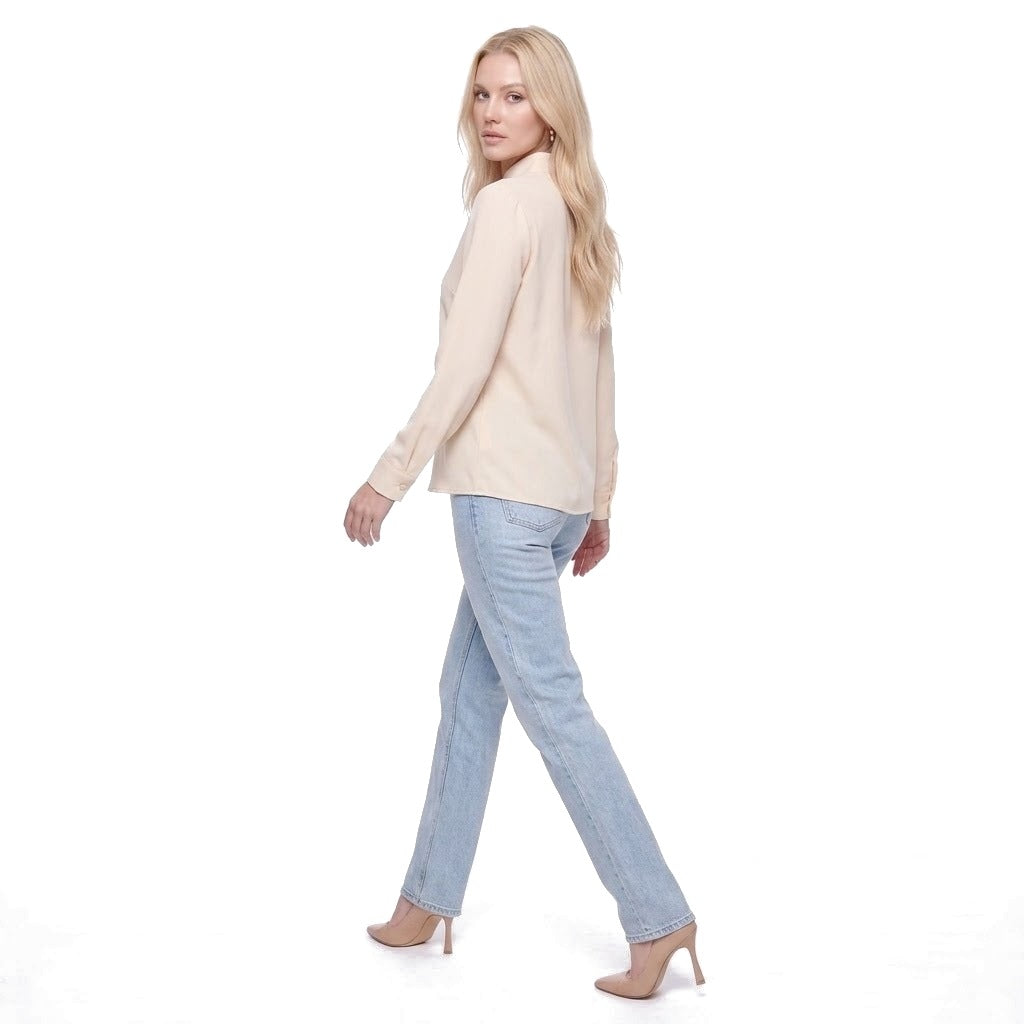 Stand Collar Split Neck Long Sleeve Blouse