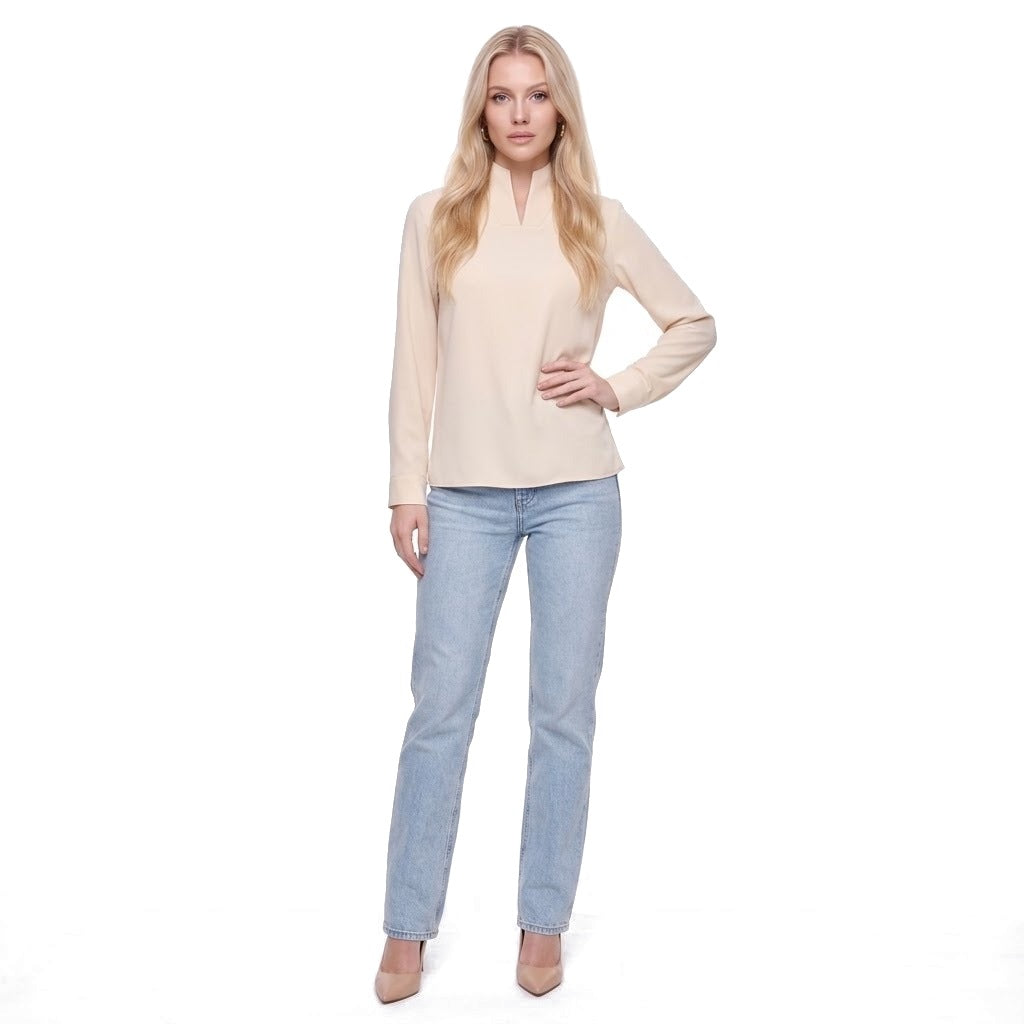 Stand Collar Split Neck Long Sleeve Blouse