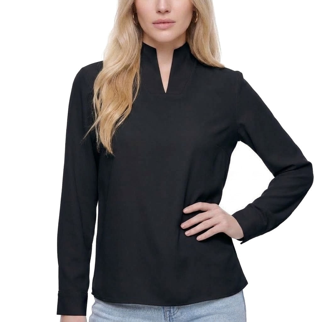 Stand Collar Split Neck Long Sleeve Blouse