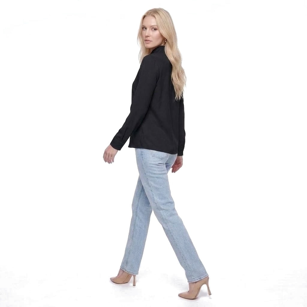 Stand Collar Split Neck Long Sleeve Blouse