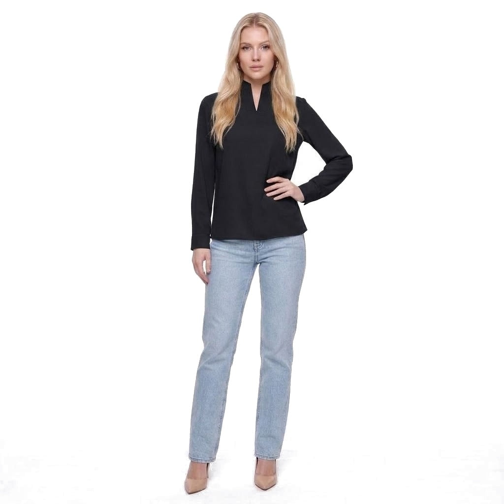 Stand Collar Split Neck Long Sleeve Blouse