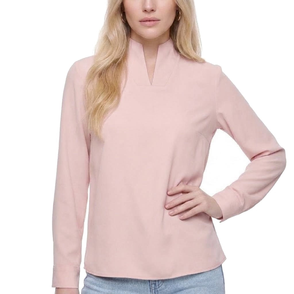 Stand Collar Split Neck Long Sleeve Blouse