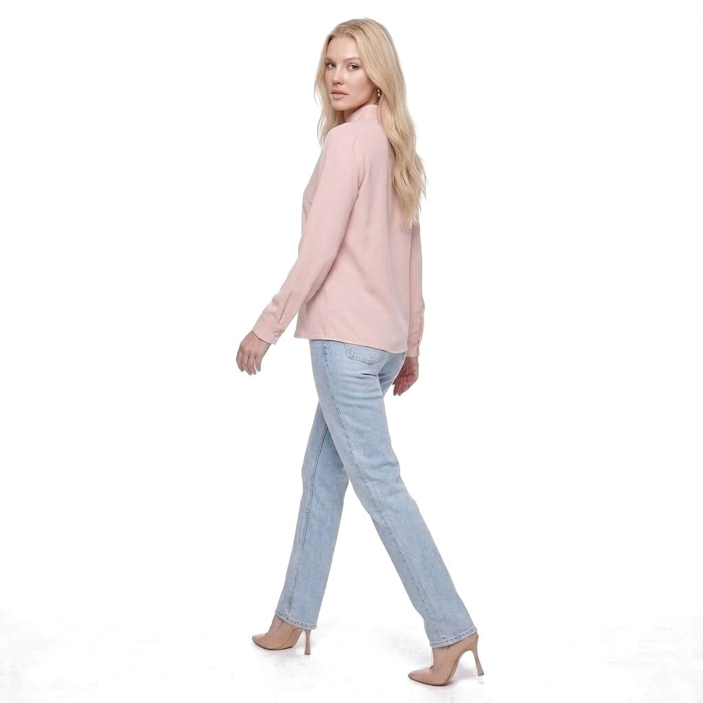 Stand Collar Split Neck Long Sleeve Blouse