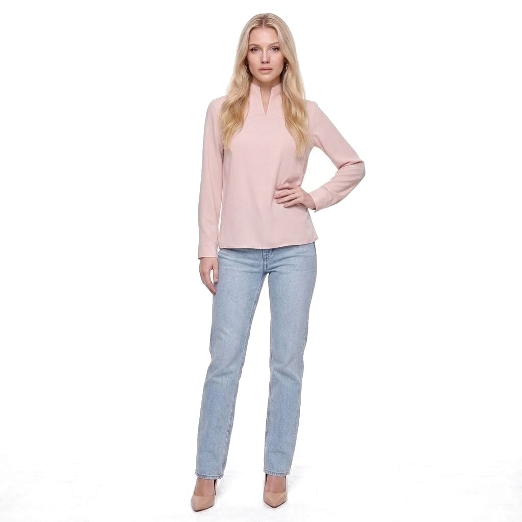 Stand Collar Split Neck Long Sleeve Blouse