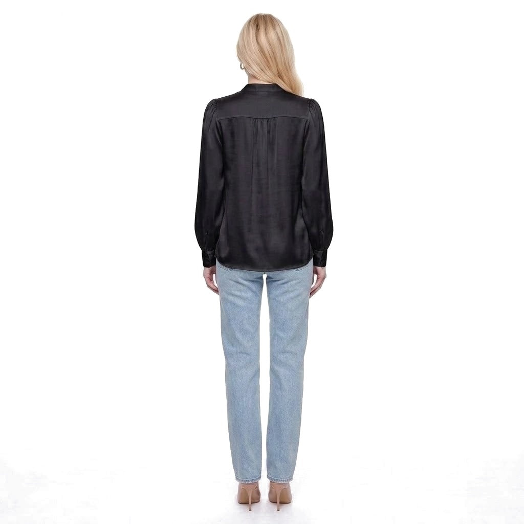 Satin Stand Collar Puff Sleeve Blouse