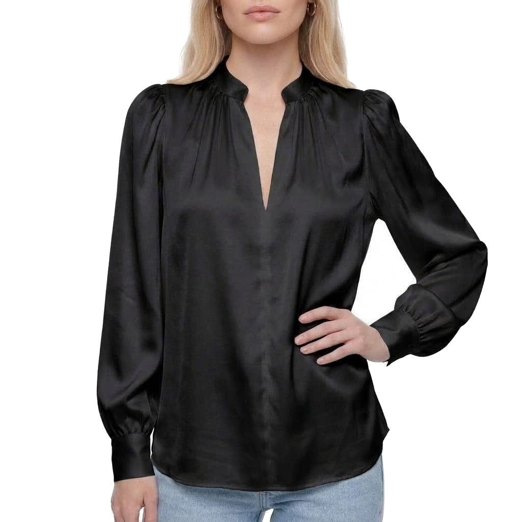 Satin Stand Collar Puff Sleeve Blouse