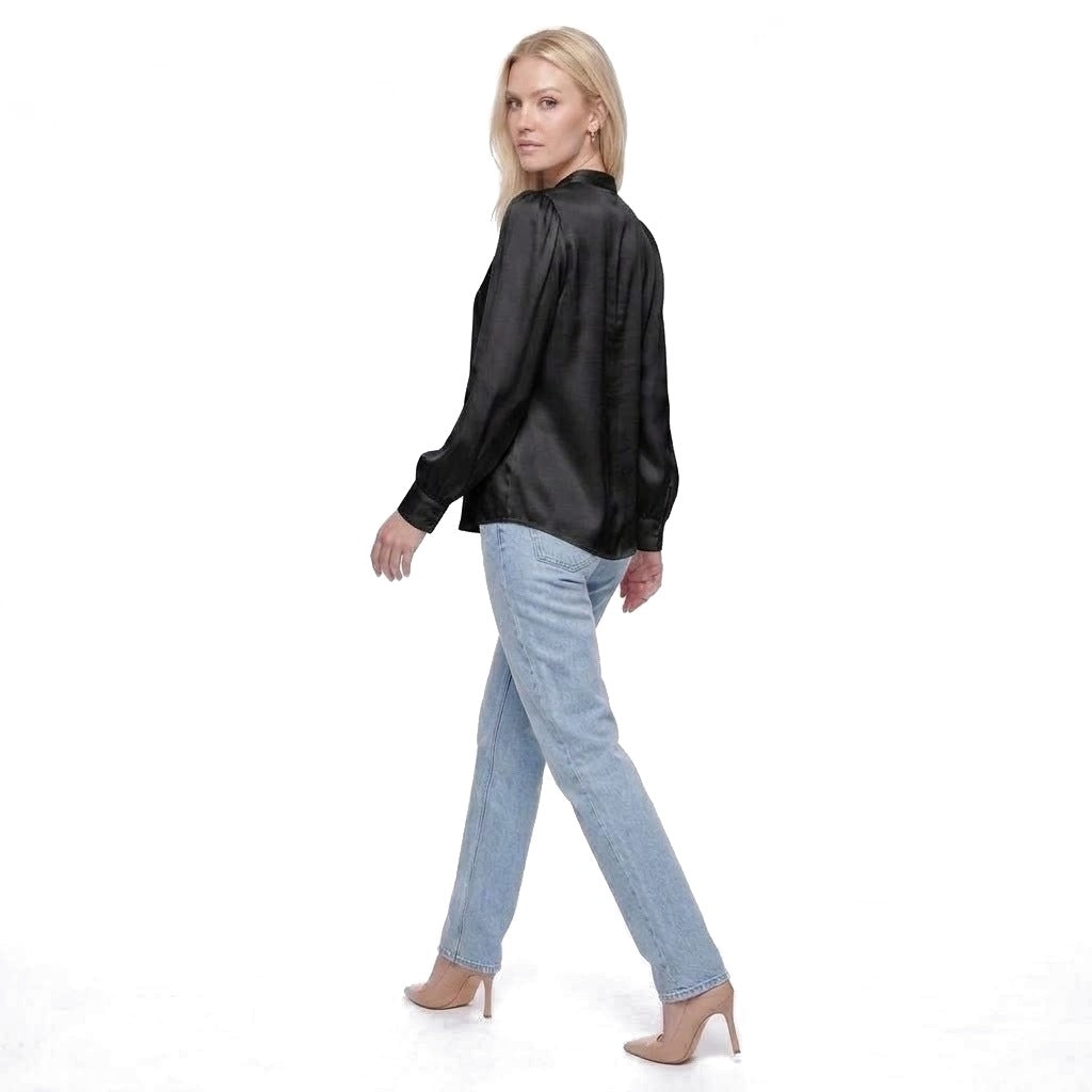Satin Stand Collar Puff Sleeve Blouse