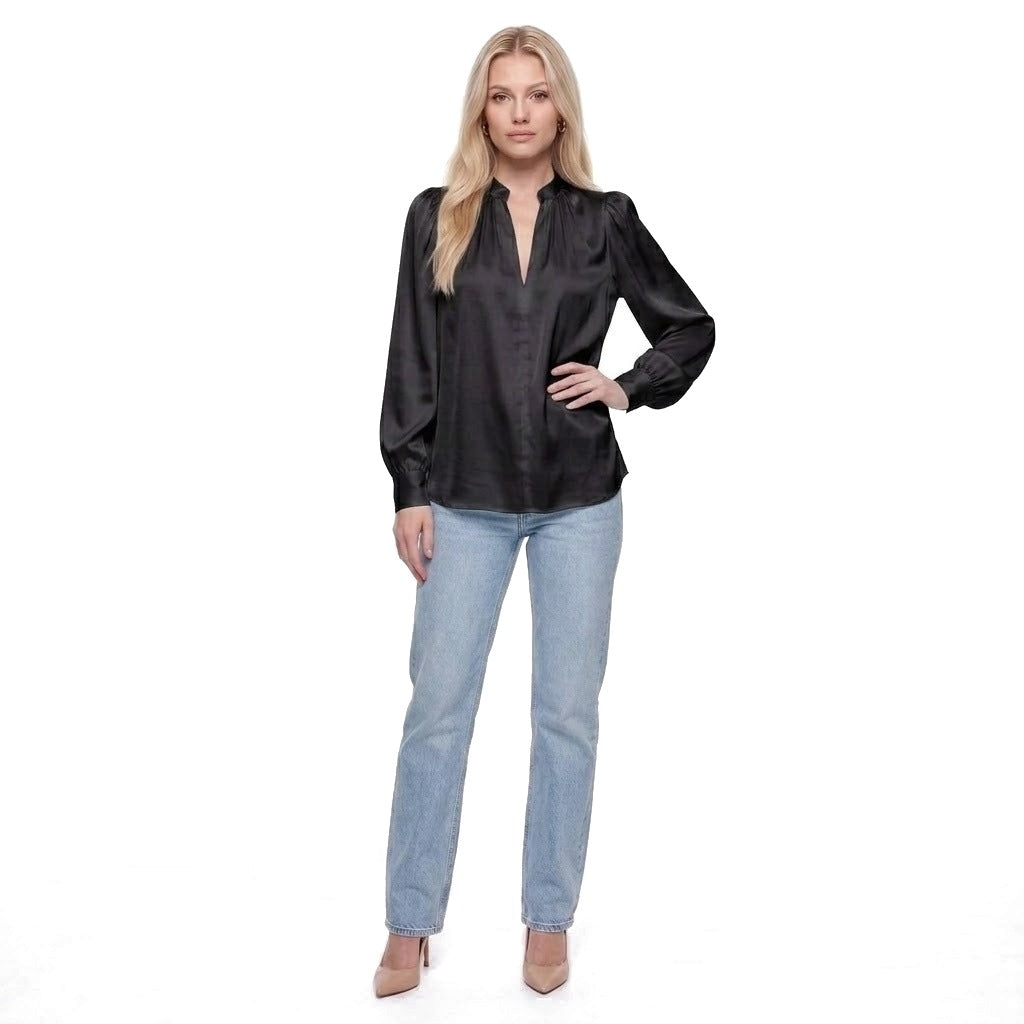 Satin Stand Collar Puff Sleeve Blouse