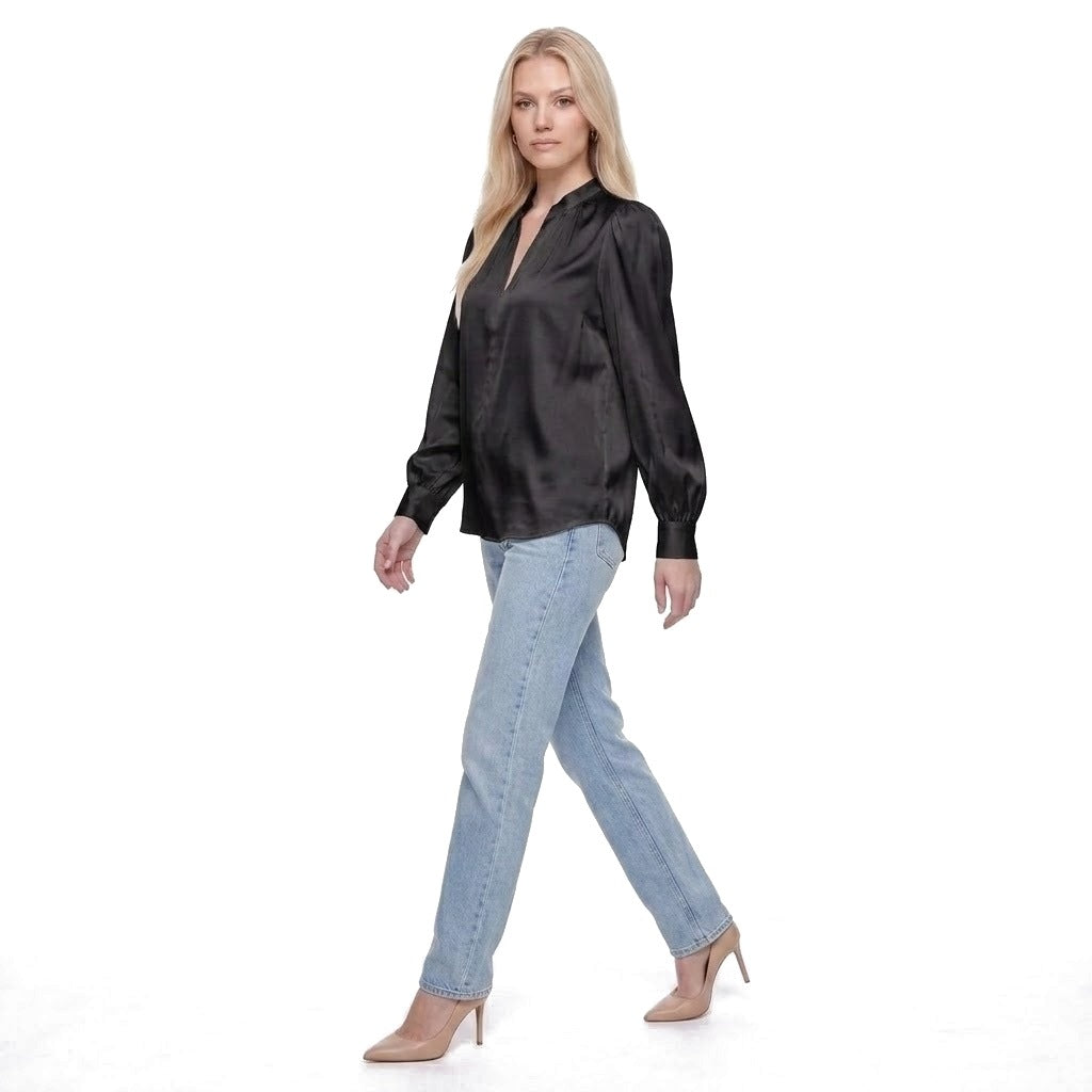 Satin Stand Collar Puff Sleeve Blouse