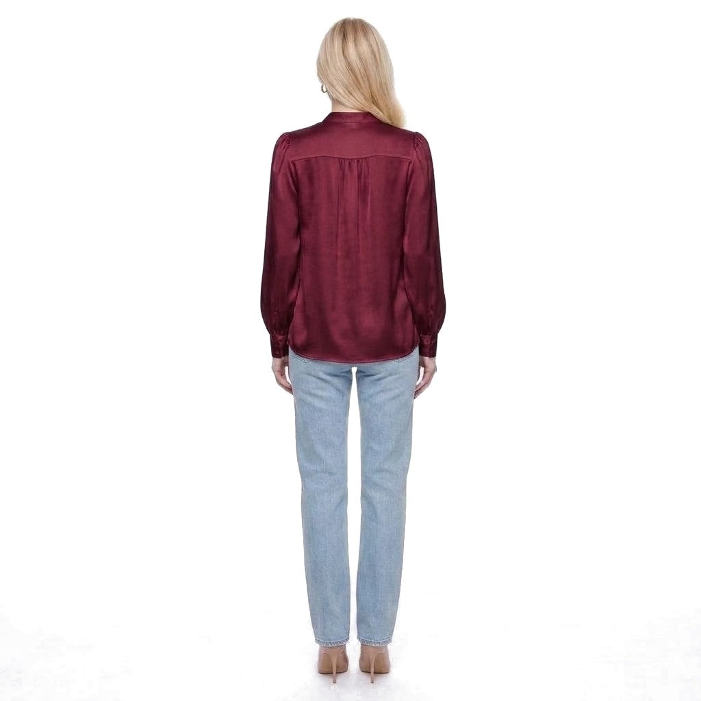 Satin Stand Collar Puff Sleeve Blouse