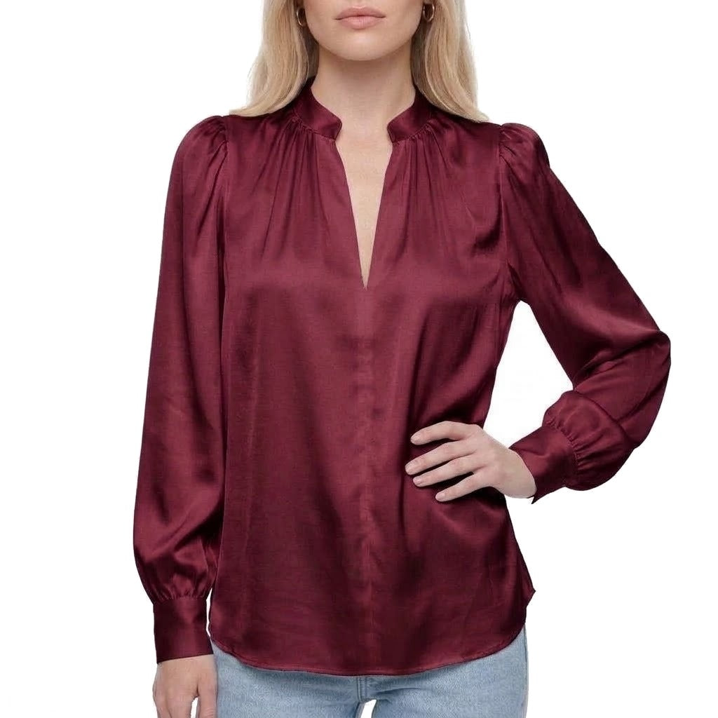 Satin Stand Collar Puff Sleeve Blouse