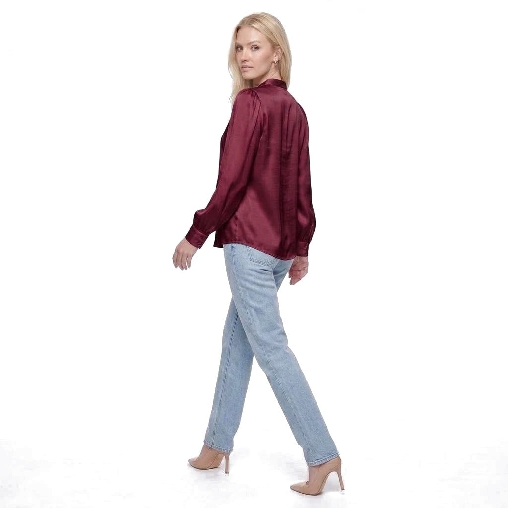 Satin Stand Collar Puff Sleeve Blouse