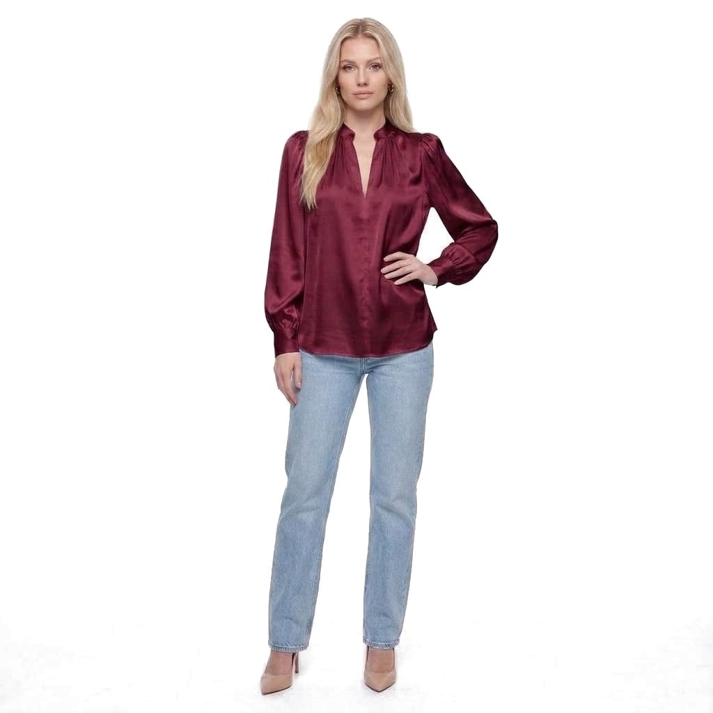 Satin Stand Collar Puff Sleeve Blouse