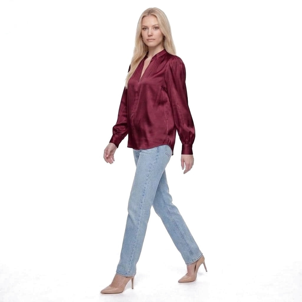 Satin Stand Collar Puff Sleeve Blouse