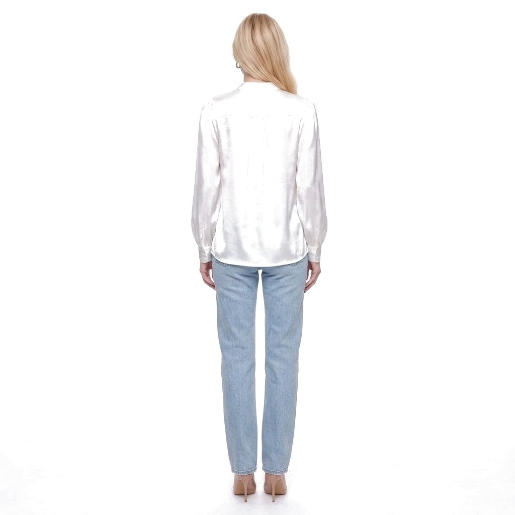 Satin Stand Collar Puff Sleeve Blouse