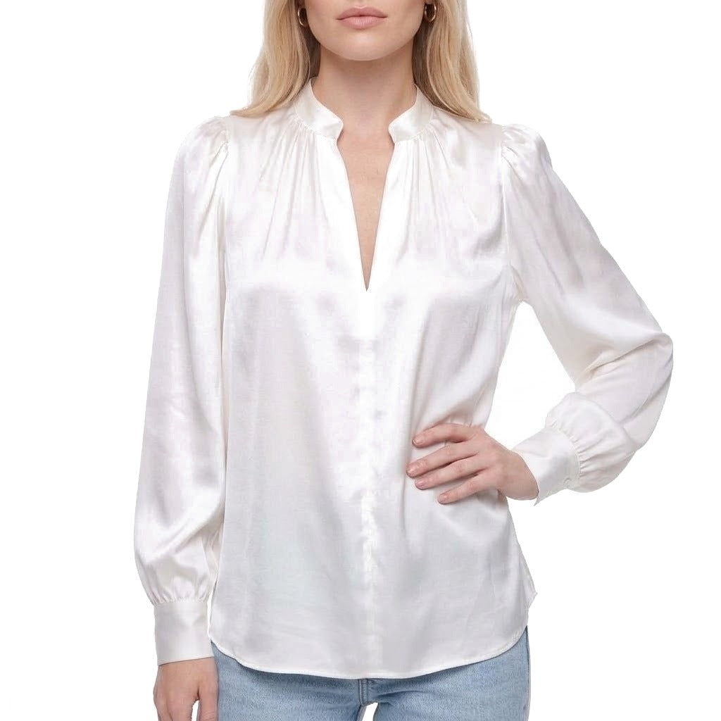 Satin Stand Collar Puff Sleeve Blouse