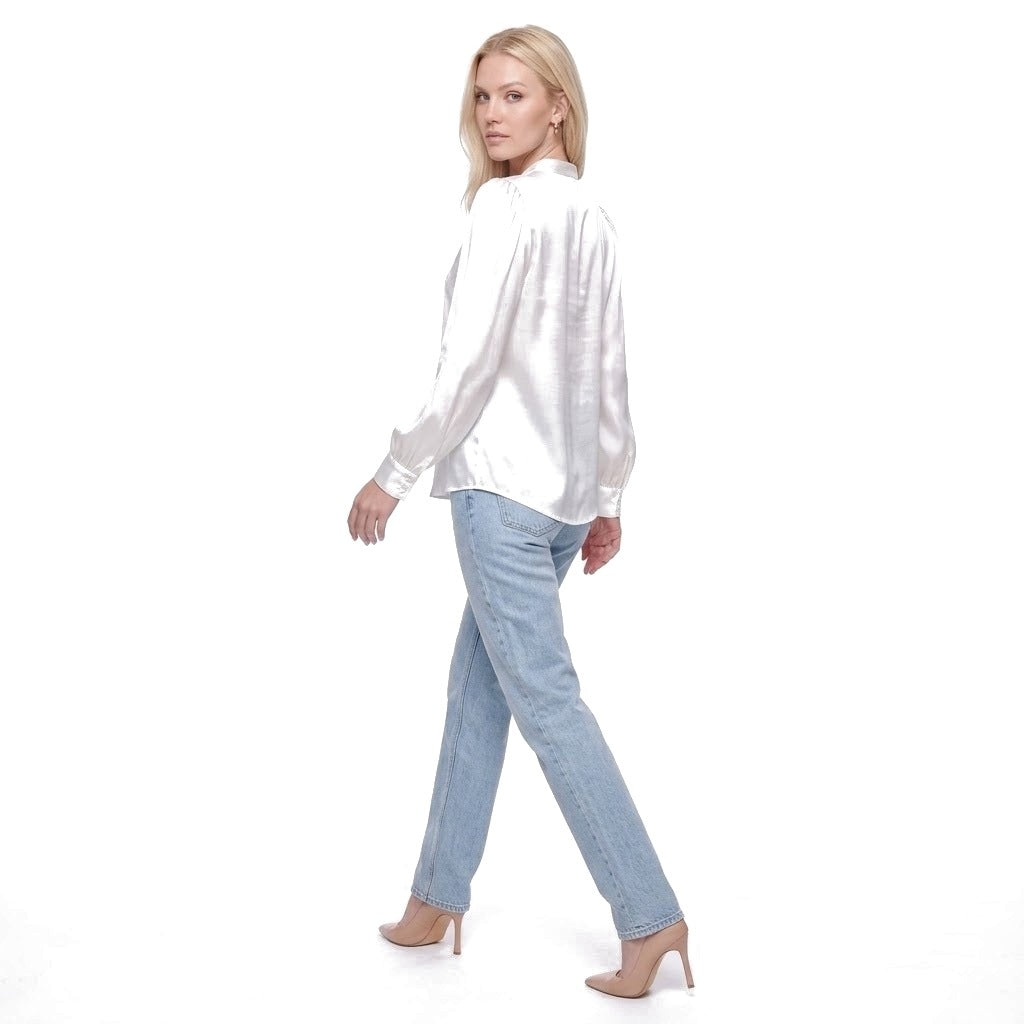Satin Stand Collar Puff Sleeve Blouse